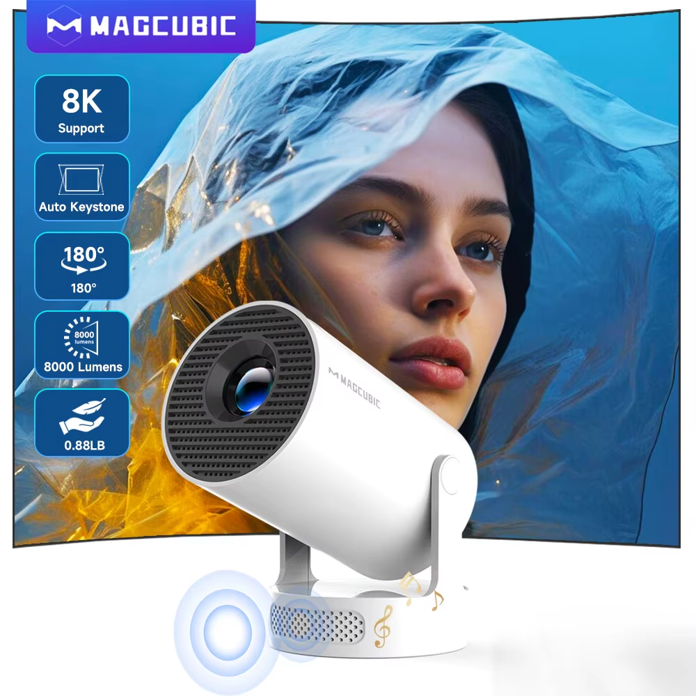 8K HY300 Pro Projector with Integrated 5W Speaker, 1280x720P Resolution, Android 14, 8000 Lumens Brightness, WiFi 6, Bluetooth 5.4, Portable Outdoor Design