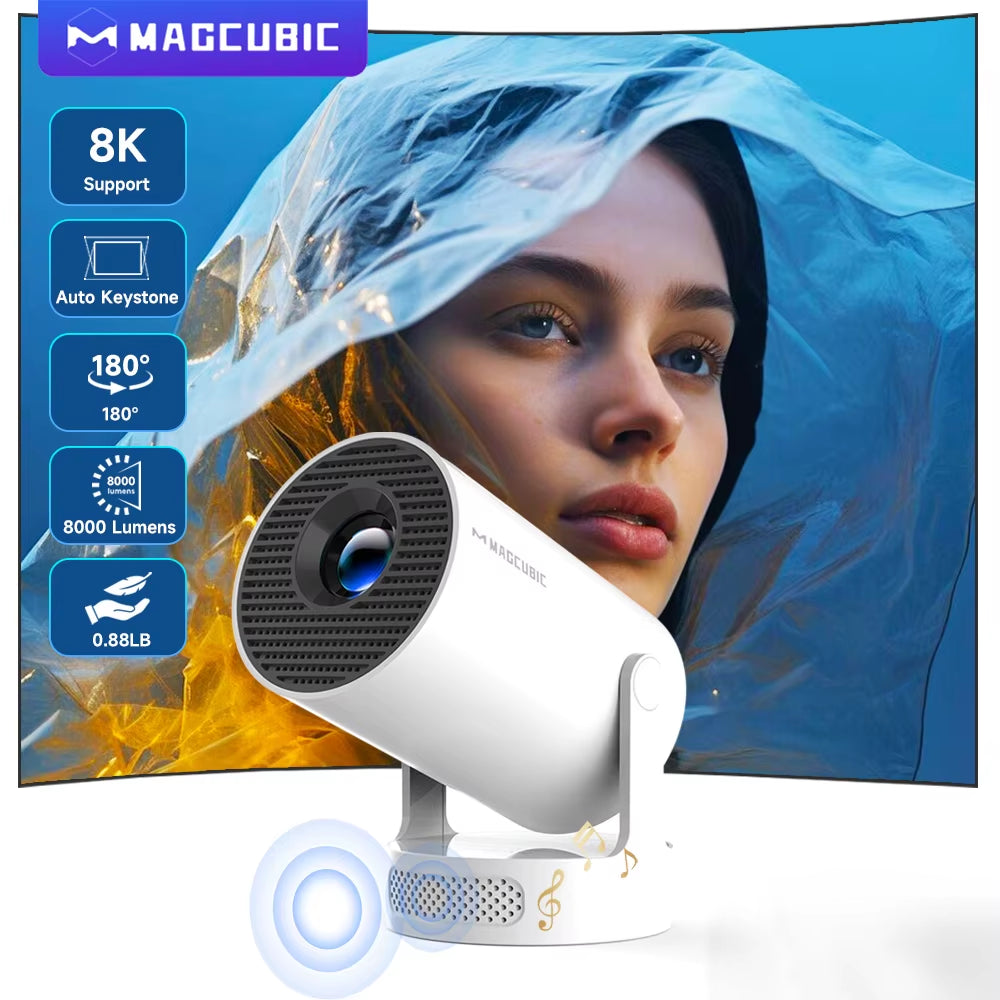 8K HY300 Pro Projector with Integrated 5W Speaker, 1280x720P Resolution, Android 14, 8000 Lumens Brightness, WiFi 6, Bluetooth 5.4, Portable Outdoor Design