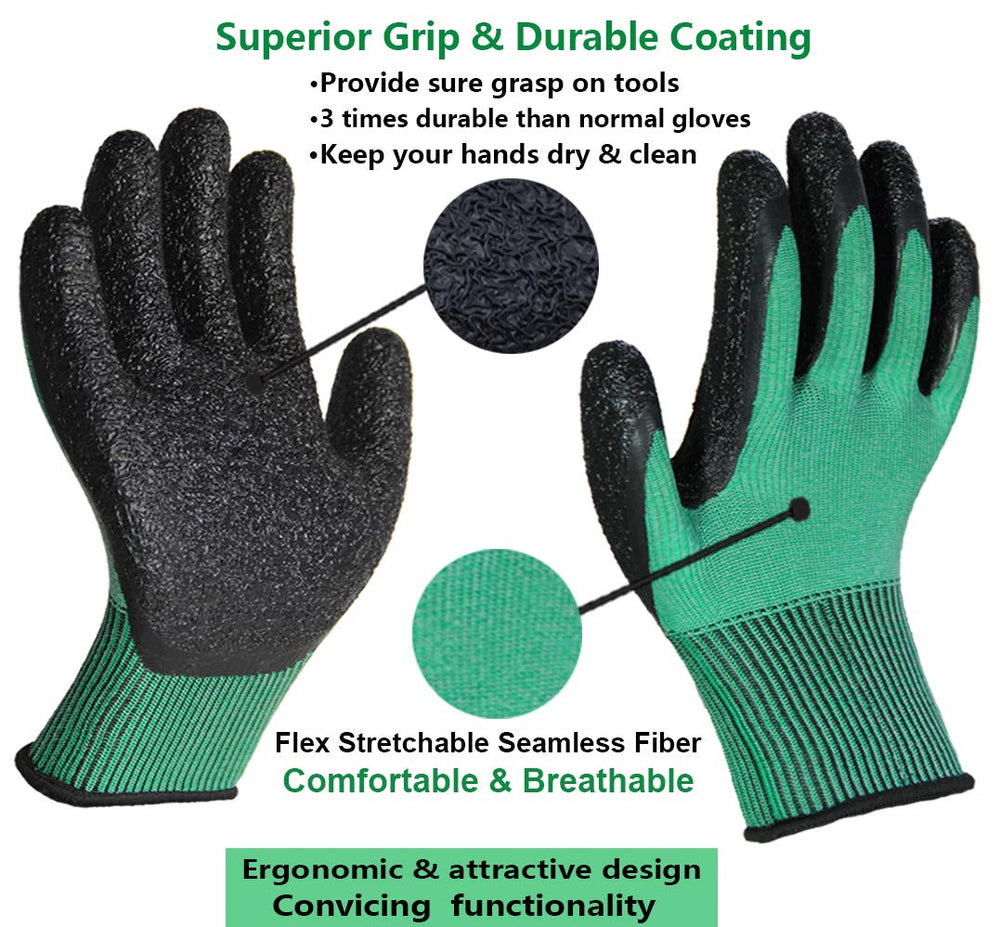 3 Pairs of Ultra-Grip Gardening Gloves - Non-Slip Latex Coated, Versatile and Colorful for House, Car Cleaning, Fishing, and Outdoor Use