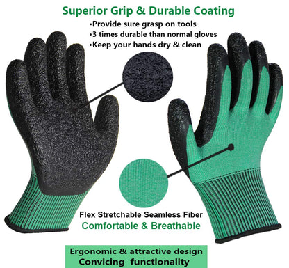 3 Pairs of Ultra-Grip Gardening Gloves - Non-Slip Latex Coated, Versatile and Colorful for House, Car Cleaning, Fishing, and Outdoor Use