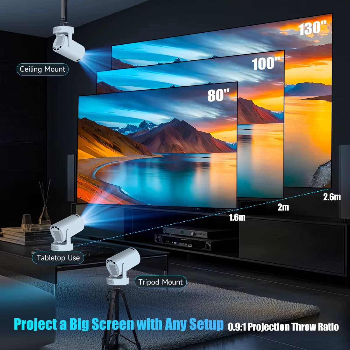 8K HY300 Pro Projector with Integrated 5W Speaker, 1280x720P Resolution, Android 14, 8000 Lumens Brightness, WiFi 6, Bluetooth 5.4, Portable Outdoor Design