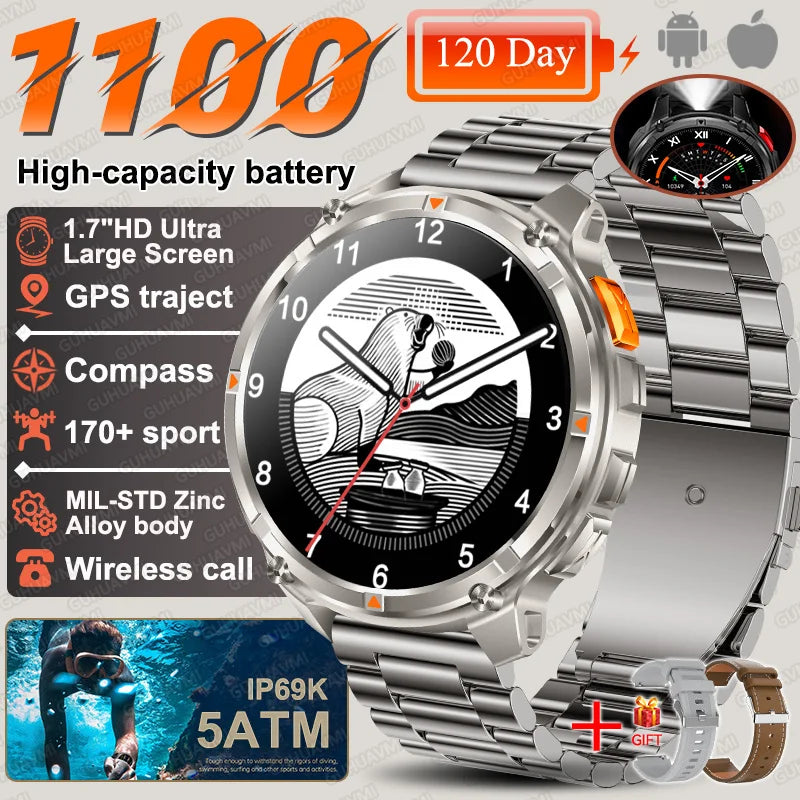 Discover the 2026 T-Rex3 Ultra Military Smart Watch: 1.7" AMOLED Display, 1100mAh Battery, GPS Path, 5ATM Waterproof, Compass & LED Flashlight for Ultimate Adventure