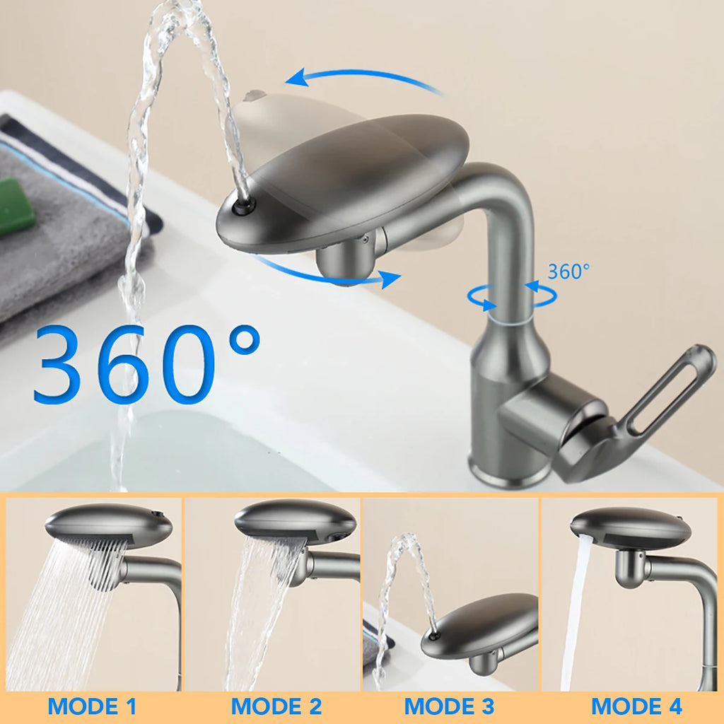 Stainless Steel Universal Multi-Function Rotating Faucet with 360-Degree Rotation and Four Water Outlet Options