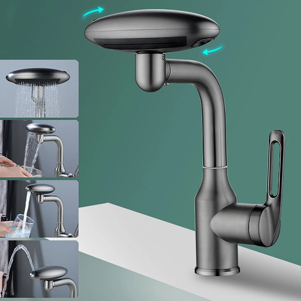 Stainless Steel Universal Multi-Function Rotating Faucet with 360-Degree Rotation and Four Water Outlet Options