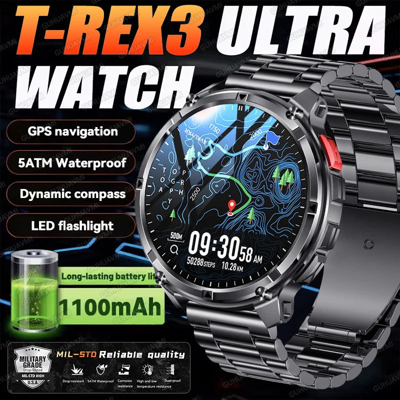 Discover the 2026 T-Rex3 Ultra Military Smart Watch: 1.7" AMOLED Display, 1100mAh Battery, GPS Path, 5ATM Waterproof, Compass & LED Flashlight for Ultimate Adventure