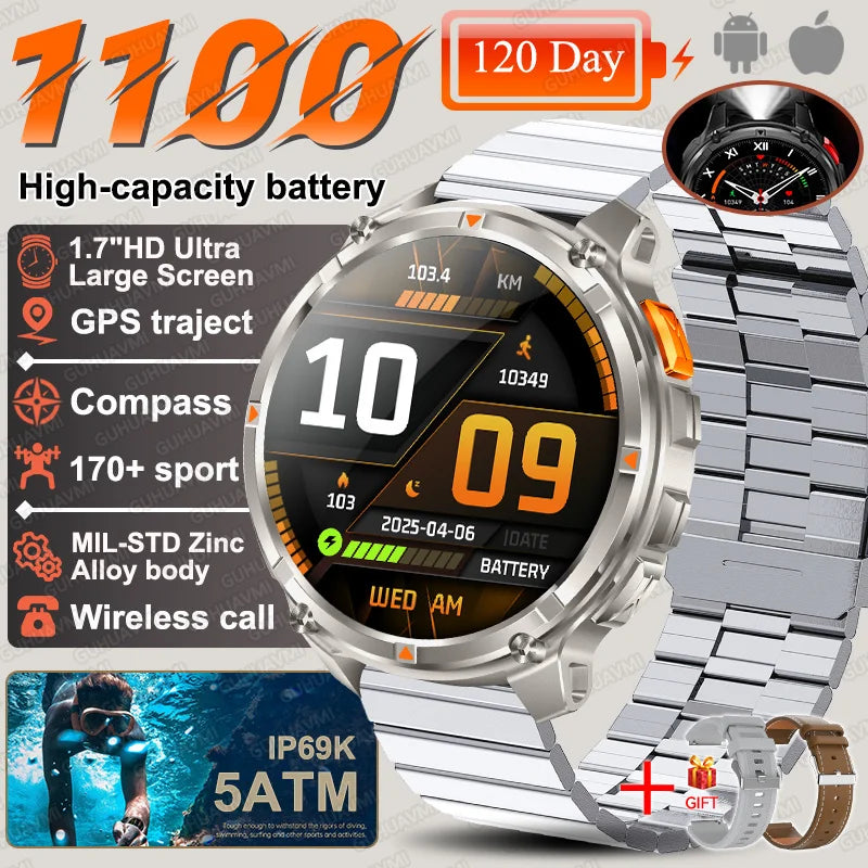 Discover the 2026 T-Rex3 Ultra Military Smart Watch: 1.7" AMOLED Display, 1100mAh Battery, GPS Path, 5ATM Waterproof, Compass & LED Flashlight for Ultimate Adventure