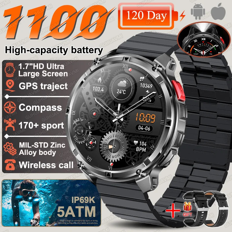 Discover the 2026 T-Rex3 Ultra Military Smart Watch: 1.7" AMOLED Display, 1100mAh Battery, GPS Path, 5ATM Waterproof, Compass & LED Flashlight for Ultimate Adventure