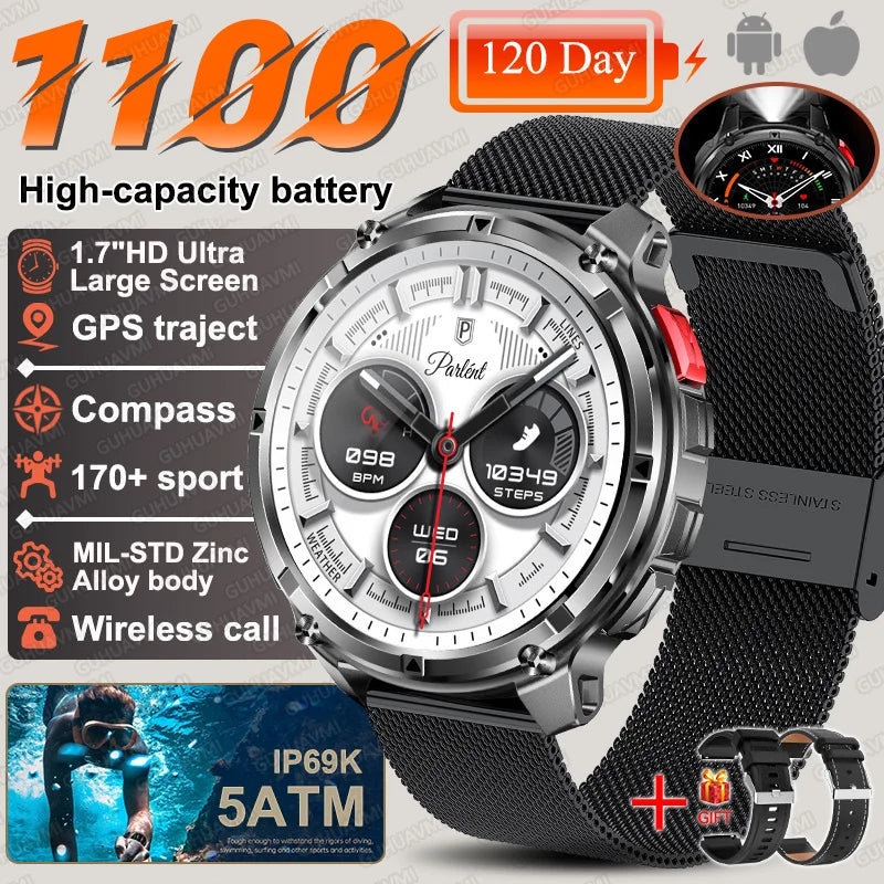 Discover the 2026 T-Rex3 Ultra Military Smart Watch: 1.7" AMOLED Display, 1100mAh Battery, GPS Path, 5ATM Waterproof, Compass & LED Flashlight for Ultimate Adventure