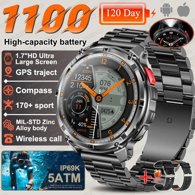 Discover the 2026 T-Rex3 Ultra Military Smart Watch: 1.7" AMOLED Display, 1100mAh Battery, GPS Path, 5ATM Waterproof, Compass & LED Flashlight for Ultimate Adventure