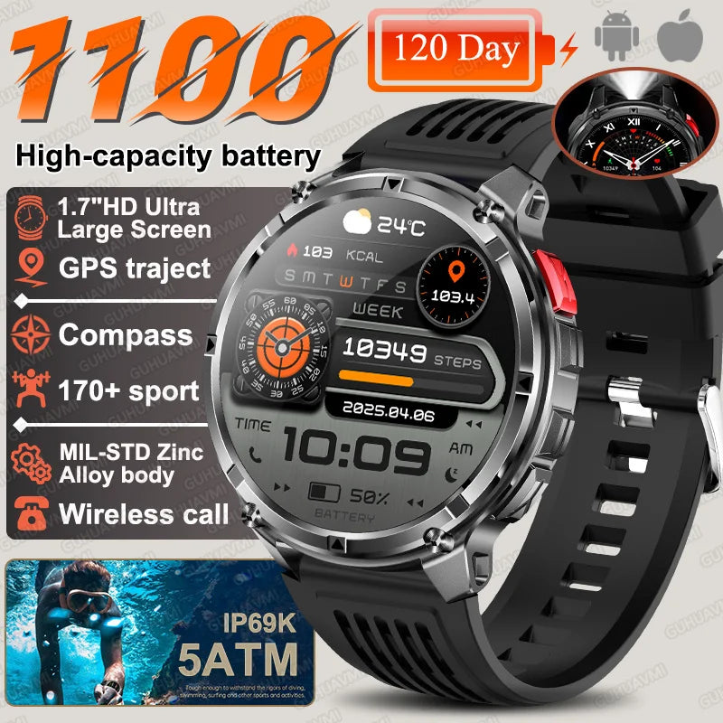 Discover the 2026 T-Rex3 Ultra Military Smart Watch: 1.7" AMOLED Display, 1100mAh Battery, GPS Path, 5ATM Waterproof, Compass & LED Flashlight for Ultimate Adventure