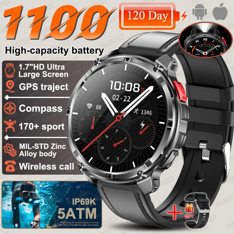 Discover the 2026 T-Rex3 Ultra Military Smart Watch: 1.7" AMOLED Display, 1100mAh Battery, GPS Path, 5ATM Waterproof, Compass & LED Flashlight for Ultimate Adventure