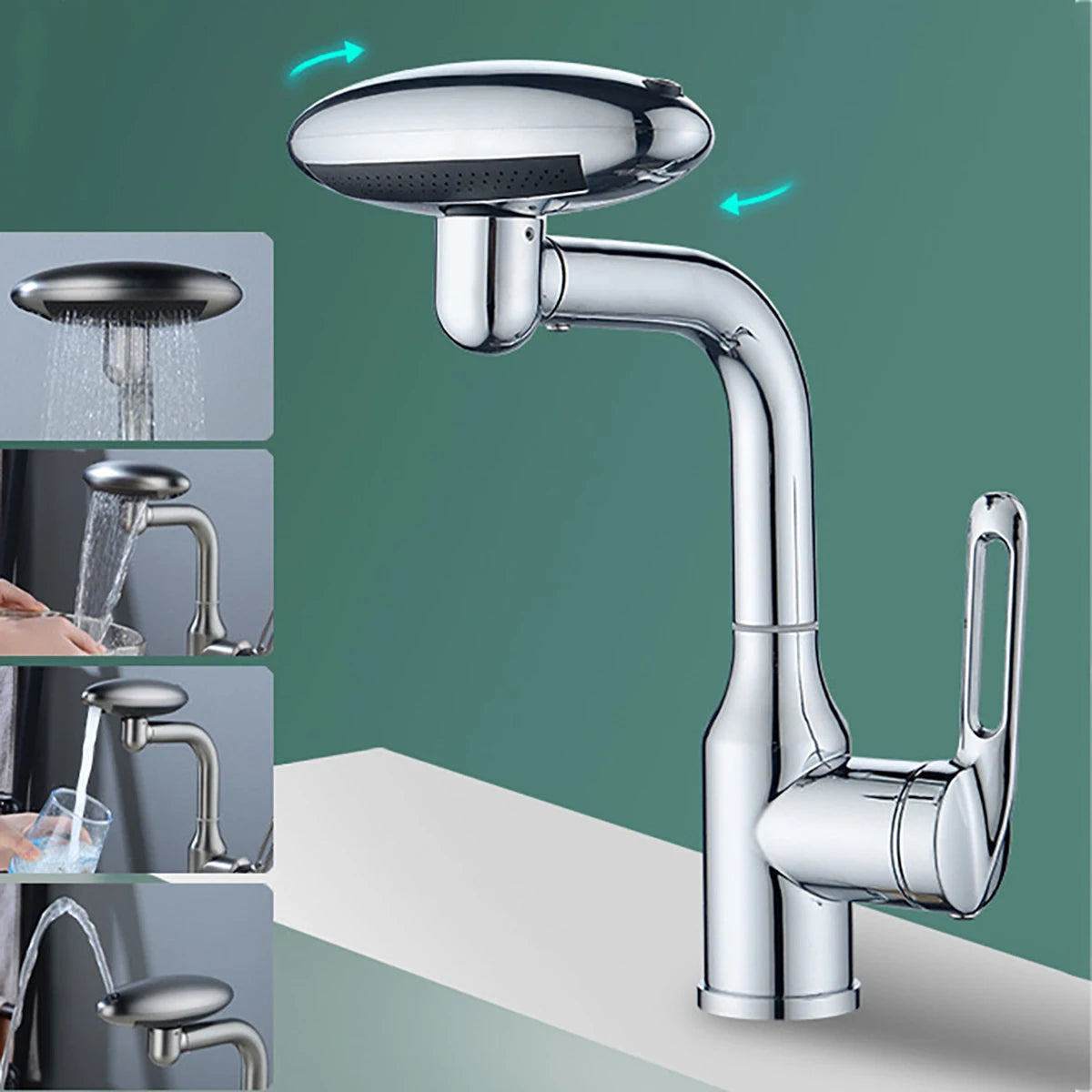 Stainless Steel Universal Multi-Function Rotating Faucet with 360-Degree Rotation and Four Water Outlet Options