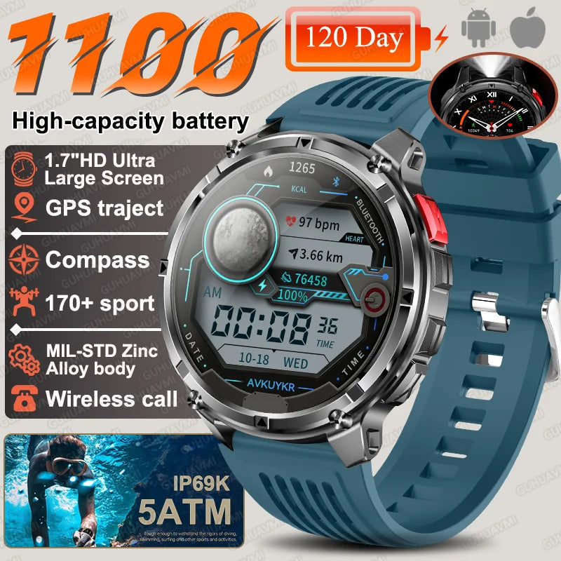 Discover the 2026 T-Rex3 Ultra Military Smart Watch: 1.7" AMOLED Display, 1100mAh Battery, GPS Path, 5ATM Waterproof, Compass & LED Flashlight for Ultimate Adventure
