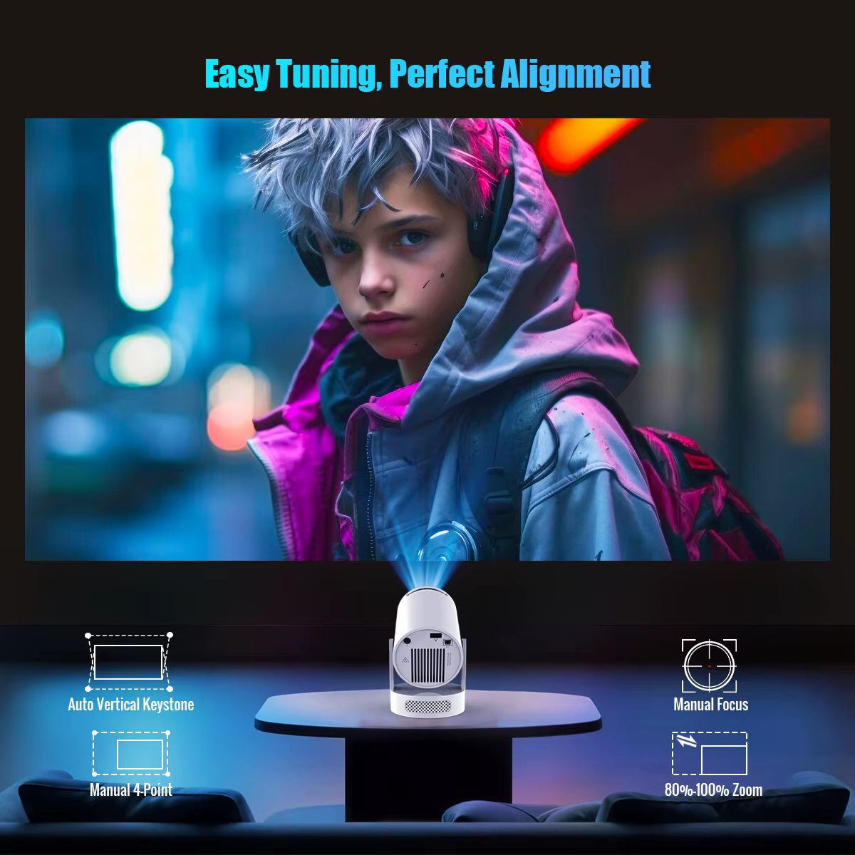 8K HY300 Pro Projector with Integrated 5W Speaker, 1280x720P Resolution, Android 14, 8000 Lumens Brightness, WiFi 6, Bluetooth 5.4, Portable Outdoor Design