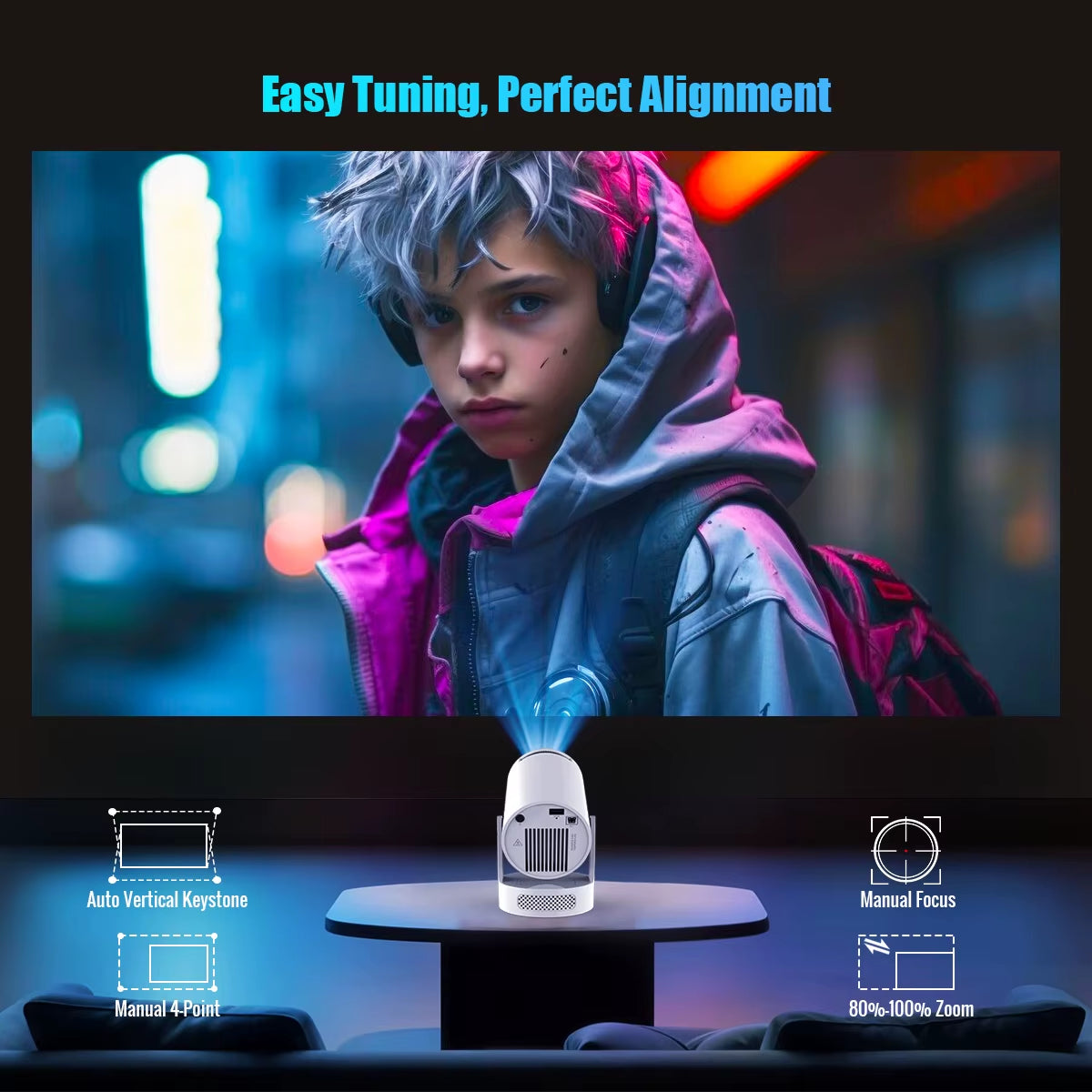 8K HY300 Pro Projector with Integrated 5W Speaker, 1280x720P Resolution, Android 14, 8000 Lumens Brightness, WiFi 6, Bluetooth 5.4, Portable Outdoor Design