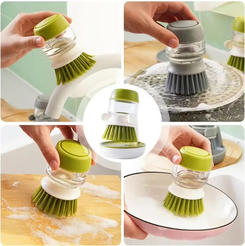 Effortless Kitchen Cleaning: Professional Dish Brush with Soap Dispenser & Drip Tray Holder
