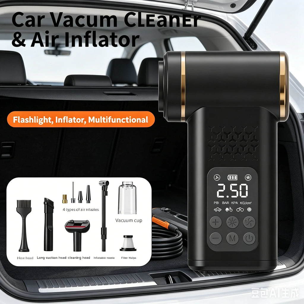 4-in-1 Wireless Car Vacuum Cleaner & Tire Inflator - Portable Multi-Functional Air Pump with Flashlight