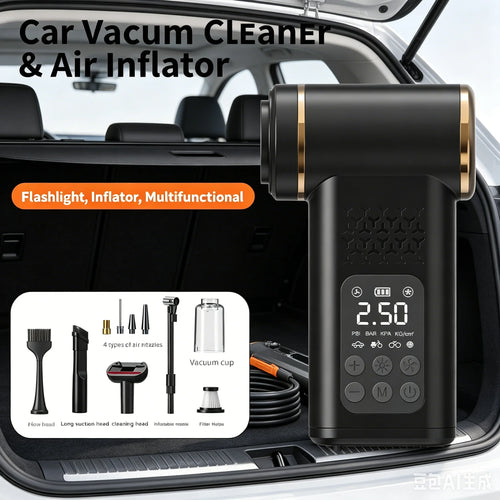 4-in-1 Wireless Car Vacuum Cleaner & Tire Inflator - Portable Multi-Functional Air Pump with Flashlight